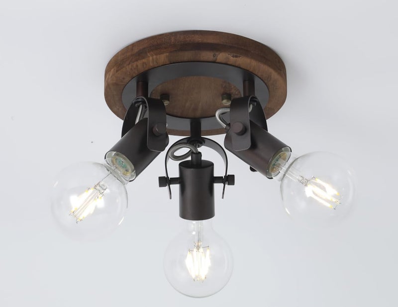 Modern Farmhouse 3-Light Ceiling Mount Fixture, Black Metal Spotlights with Wood Base, E26 Socket Compatible